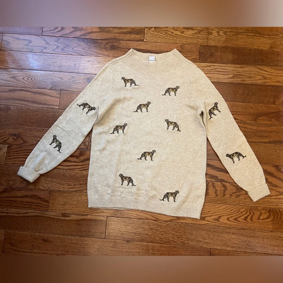 Chico’s Cashmere-Blend Embroidered Cheetah Tan Sweater Sz 0 - Picture 1 of 7